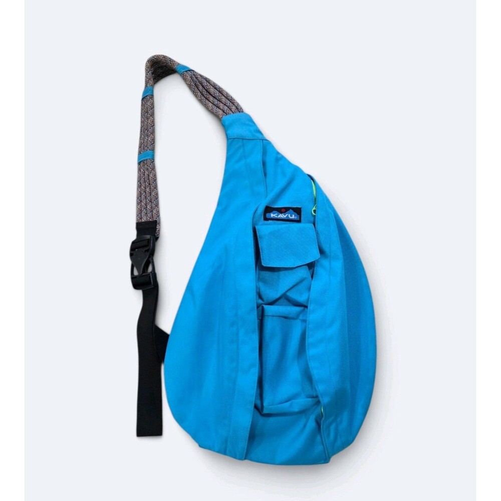 KAVU Original Rope Sling Bag Aqua Blue Neon Yellow Accents